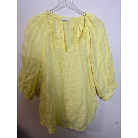 J. Jill Love Linen 3/4 Tunic 100% Linen Buttercup Yellow Blouse V-Neck Ruffle De - Picture 1 of 4